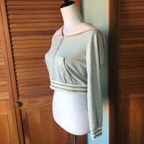 Lolita Kawaii Parisian Born Gray & Pink Oversized Collar Cropped Zip-Up Top S - Picture 3 of 7